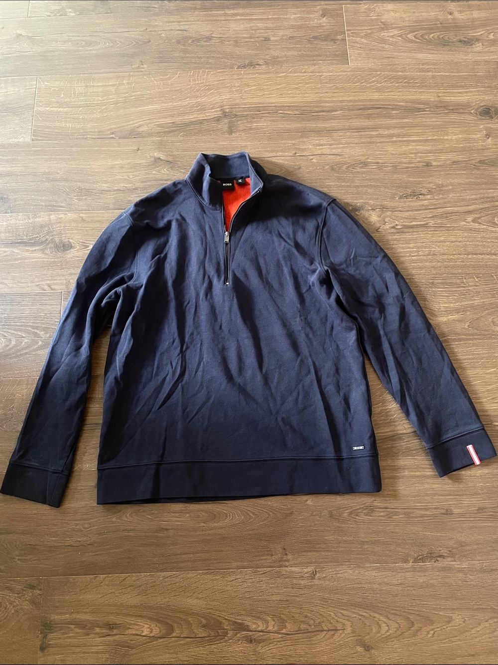 BOSS Men's Navy Blue Quarter-Zip Pullover Sweater w/ Red Detail, Size XL